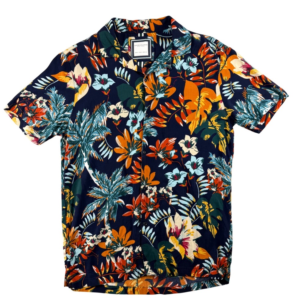 Denim & Flower Ricky Singh Mens S Tropical Floral Button Up Shirt Navy Vacation